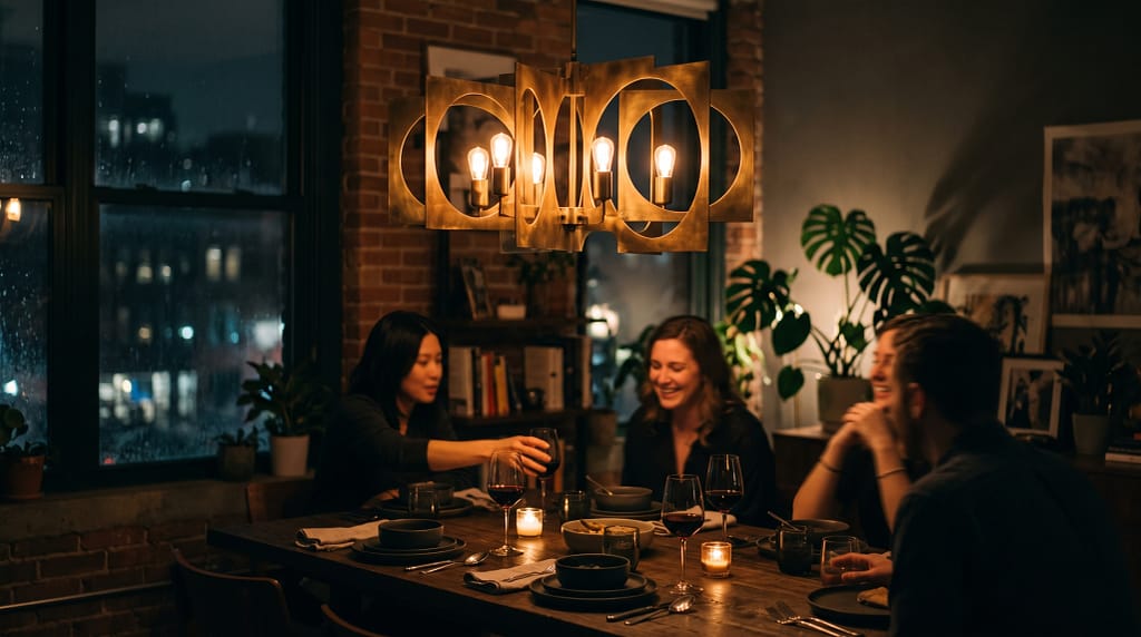 Sculptural brass pendant above dining table dimmed for evening atmosphere, warm glow, moody and inviting