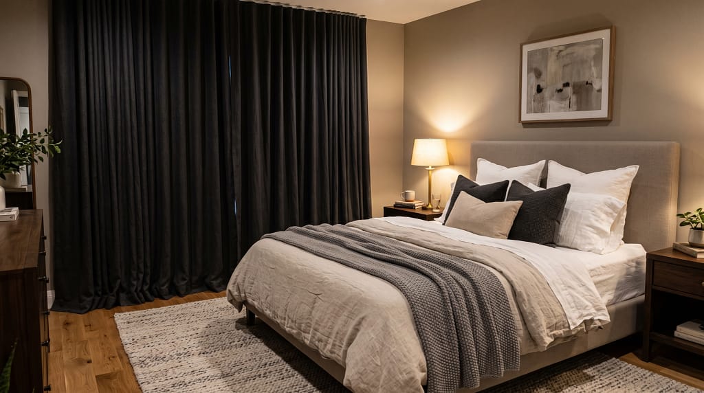 Styled bedroom with floor-to-ceiling blackout curtains in deep charcoal, warm bedside lamp casting golden light, layered neutral bedding