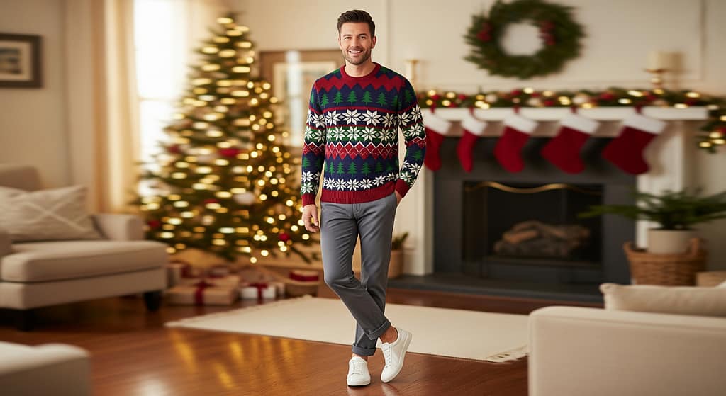 Man wearing subtle holiday patterned Christmas sweater