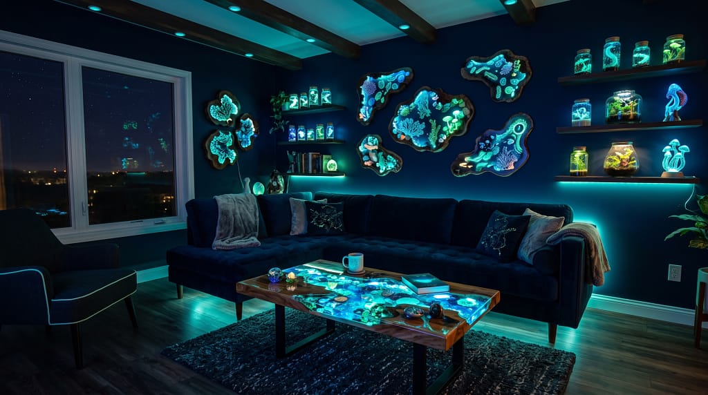 Bioluminescent decor living room with deep navy walls, glowing resin coffee table and soft teal LED ambient glow