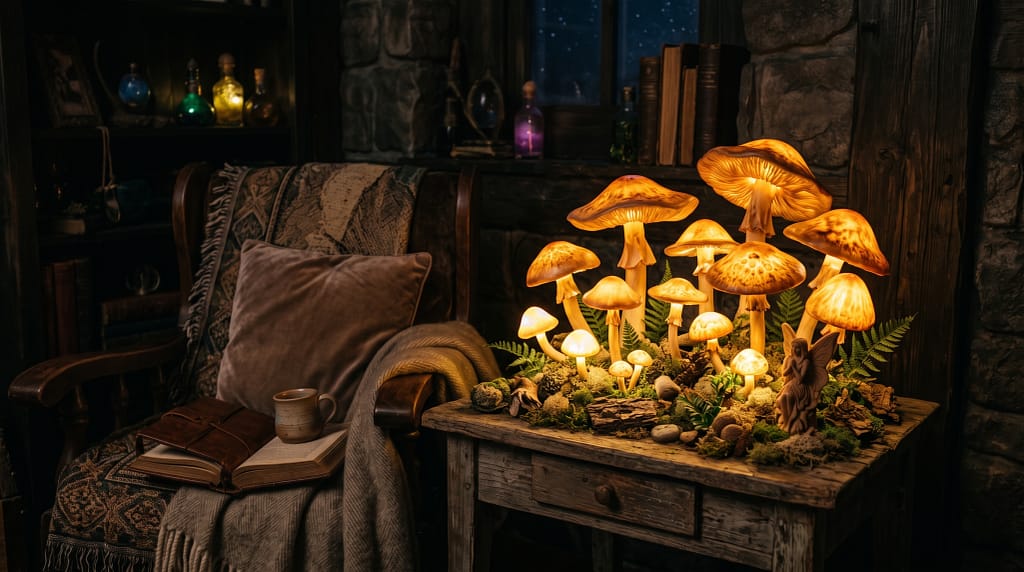 Cluster of glowing mushroom lamps in a fantasy-inspired bedroom corner, soft warm amber glow, dark background