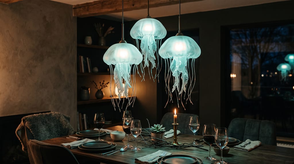 Cluster of three jellyfish-inspired pendant lamps in frosted glass casting warm teal glow over a dark dining table