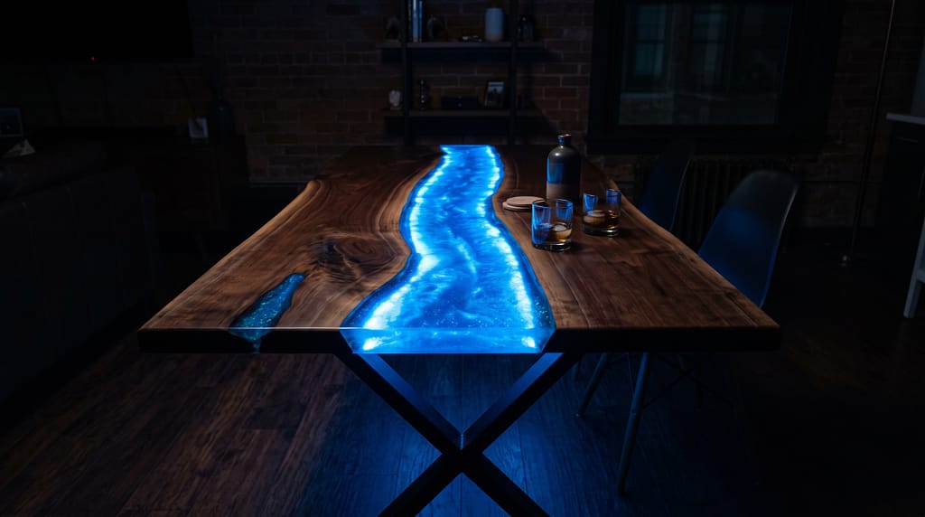 Glowing epoxy resin river table with blue glow-in-the-dark powder embedded in clear resin, lit from within, dark room