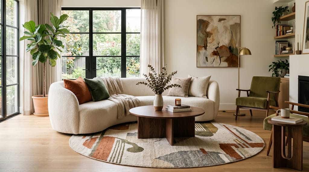 Curved sofa floating in living room with round coffee table and area rug