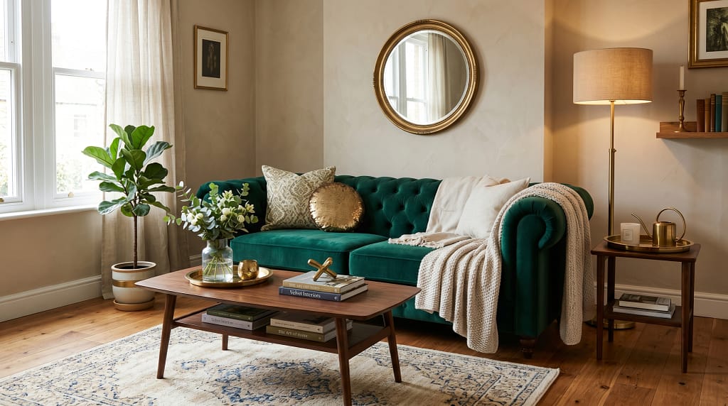 Emerald green velvet sofa styled with brass accents, warm wood floors, neutral walls