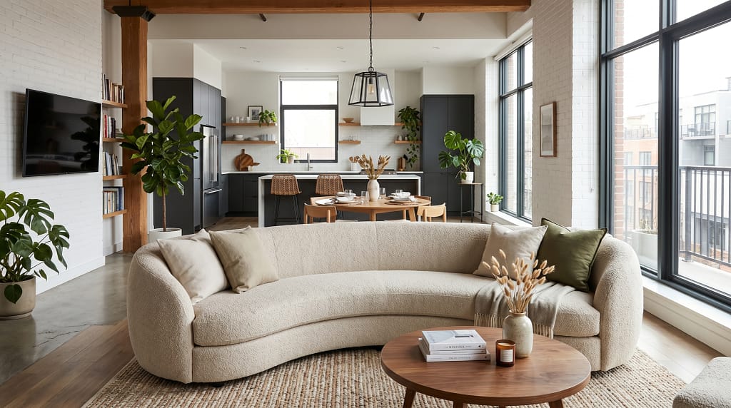 Curved sofa used as room divider in open-plan space