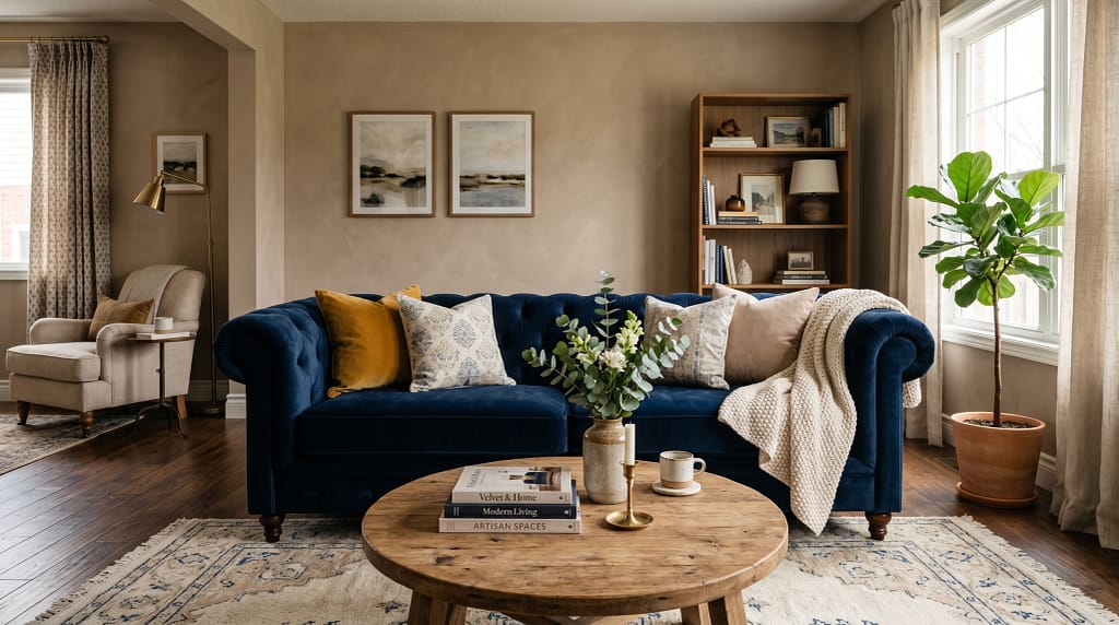 Deep navy velvet sofa in a living room with warm neutral walls and wooden coffee table