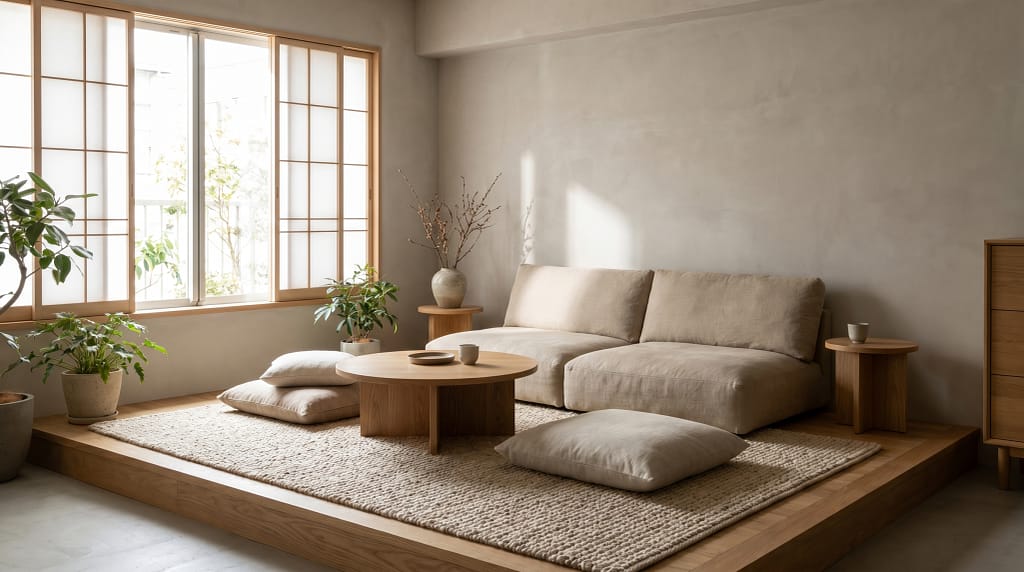 Low-profile legless sofa on a platform, floor-level living room, Japandi aesthetic