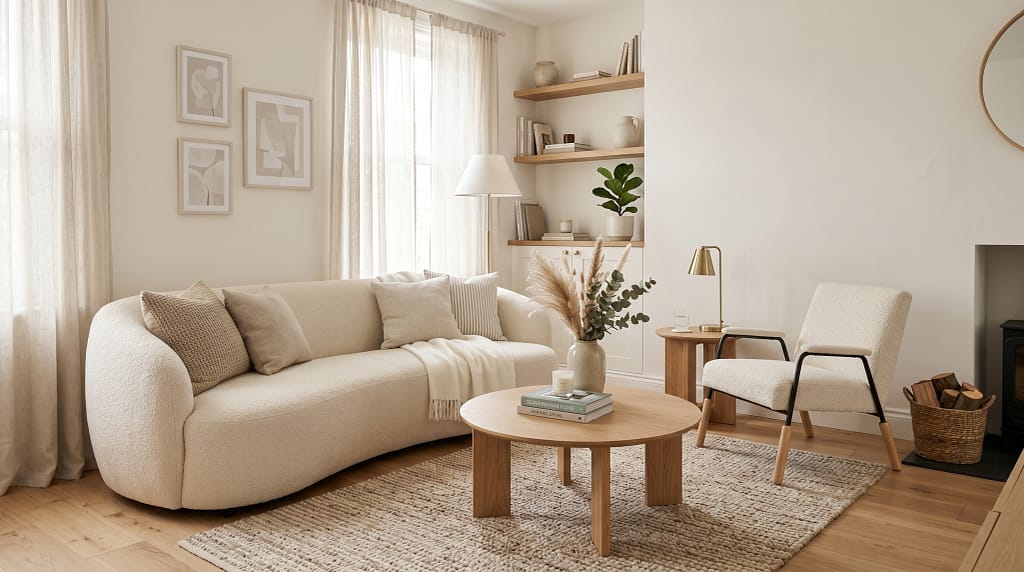 Small living room with curved sofa and accent chair, light neutral palette