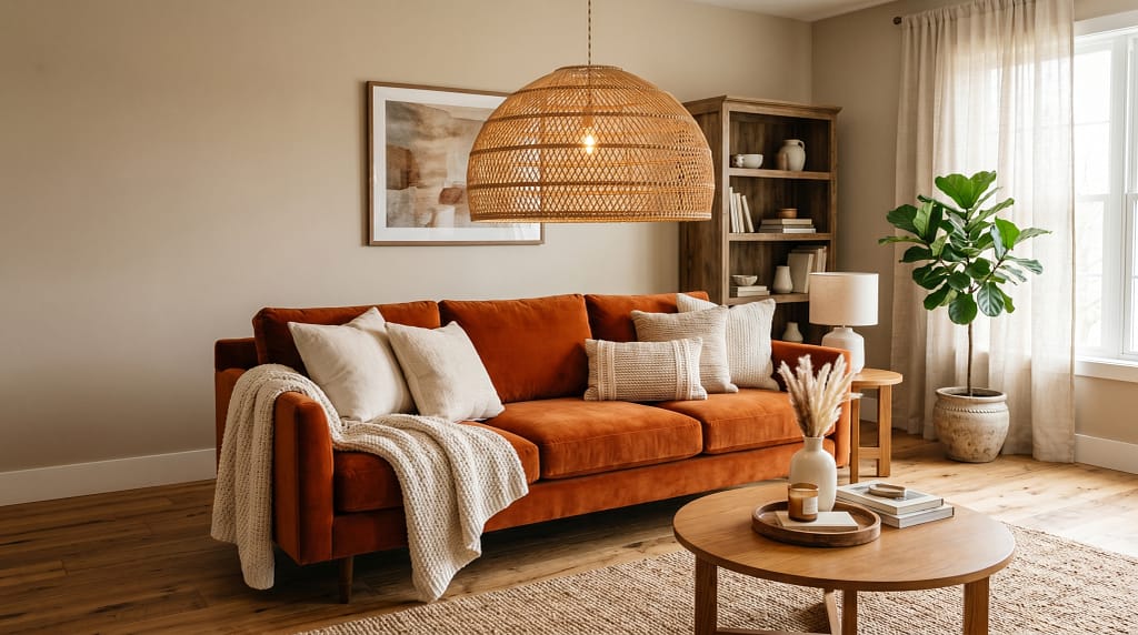 Burnt orange velvet sofa with cream accessories, rattan pendant, warm wood floor