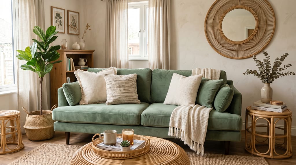 Sage green velvet sofa styled with rattan accessories and cream cushions