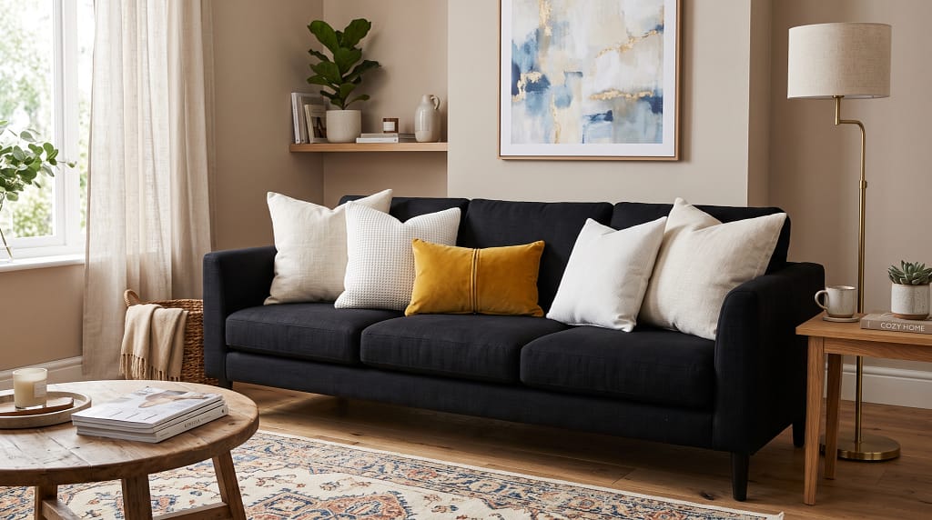 Black sofa with cream and white cushions, mustard velvet accent cushion