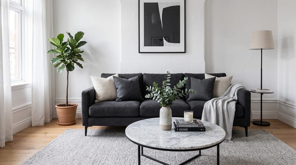 Charcoal sofa against crisp white walls with a marble coffee table and pale grey rug