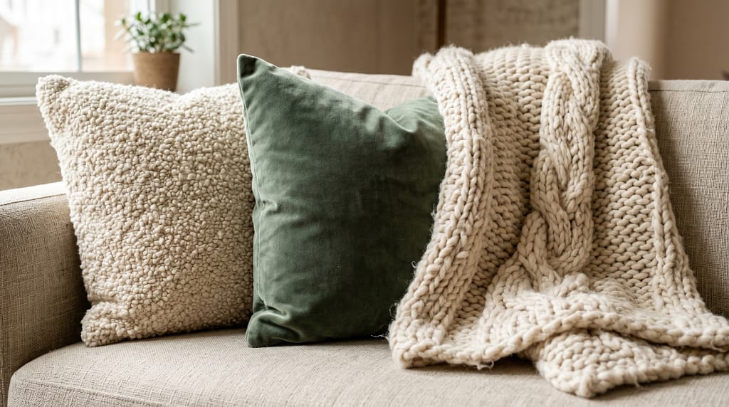 Close-up of mixed textures on a neutral sofa - bouclé cushion, velvet cushion, chunky knit throw
