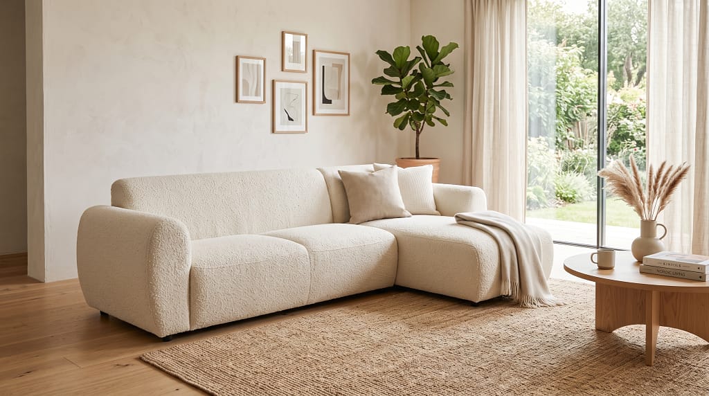 Cream bouclé sofa with visible looped texture in a minimalist living room