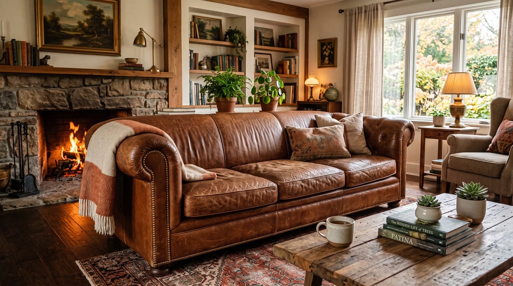 Full-grain leather sofa with visible natural grain and patina in a warm living room