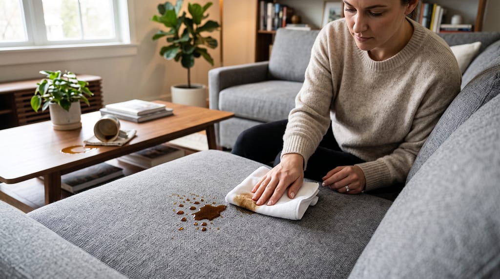 Performance fabric sofa with a spilled drink being wiped clean, demonstrating stain resistance
