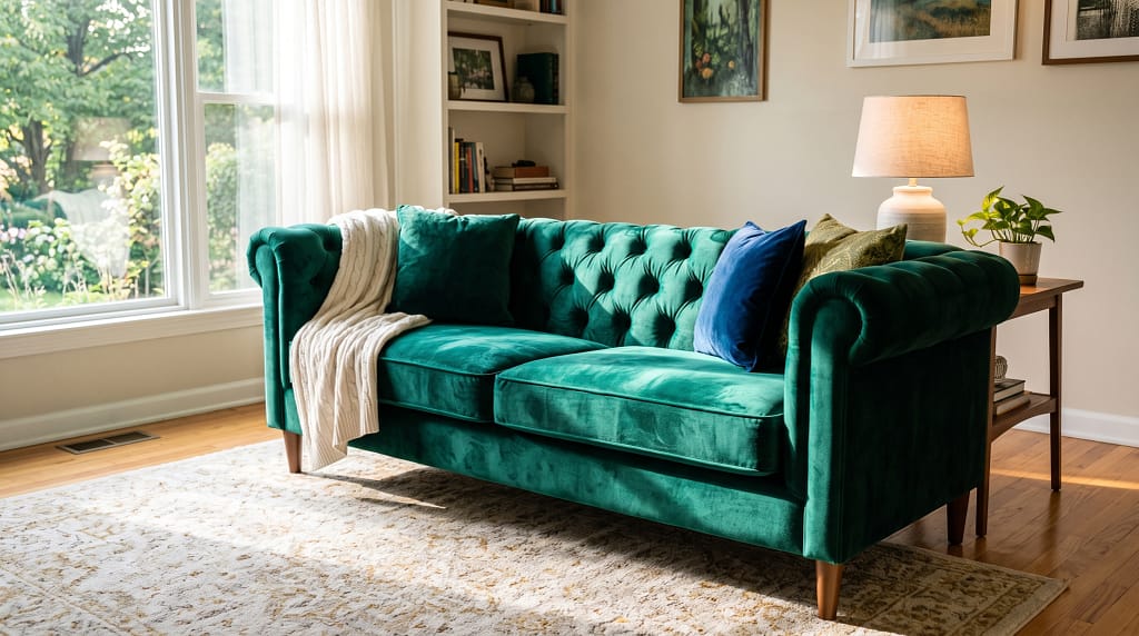 Performance velvet sofa in jewel tone with light catching the pile texture