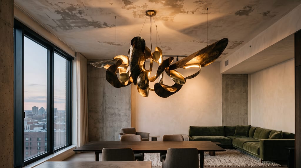 Bold sculptural brass chandelier as room focal point - organic asymmetric shape, warm light glow