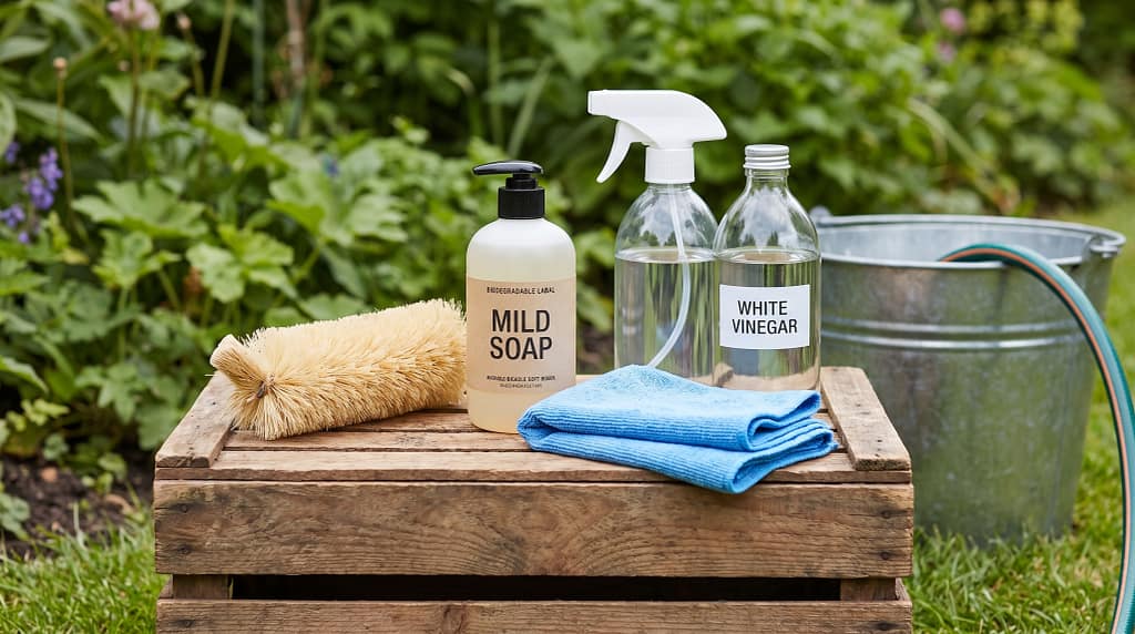 Cleaning supplies laid out for outdoor furniture cleaning - soft brush, mild soap, microfiber cloth, spray bottle and white vinegar