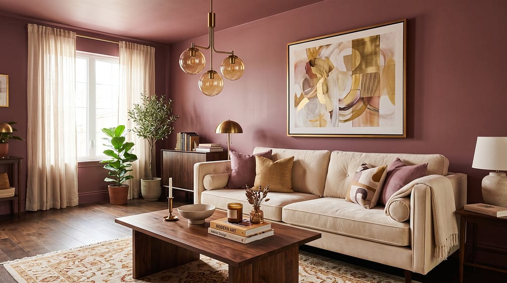 Colour-drenched warm mauve living room with cream velvet sofa, dark walnut coffee table, brass pendant light and abstract artwork in gold tones above the sofa
