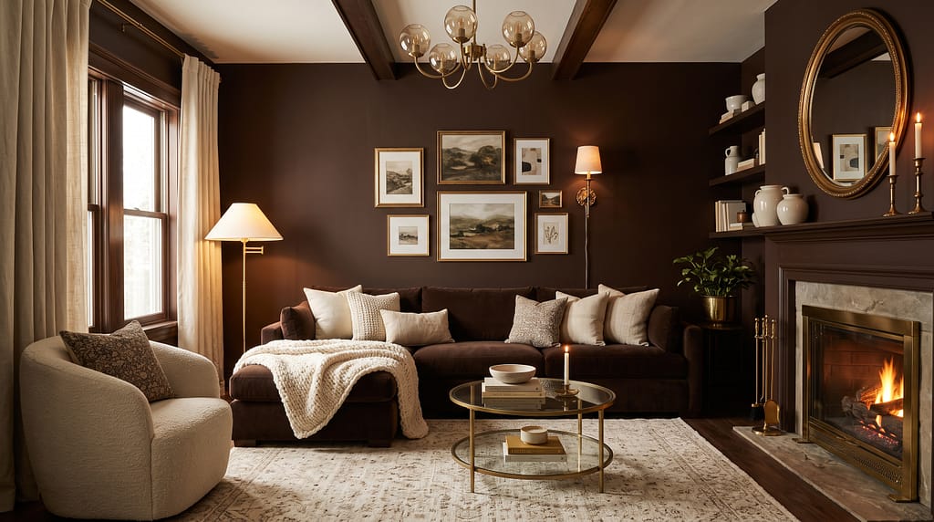 Deep chocolate brown living room - warm, layered, cocooning with cream accents and brass lighting