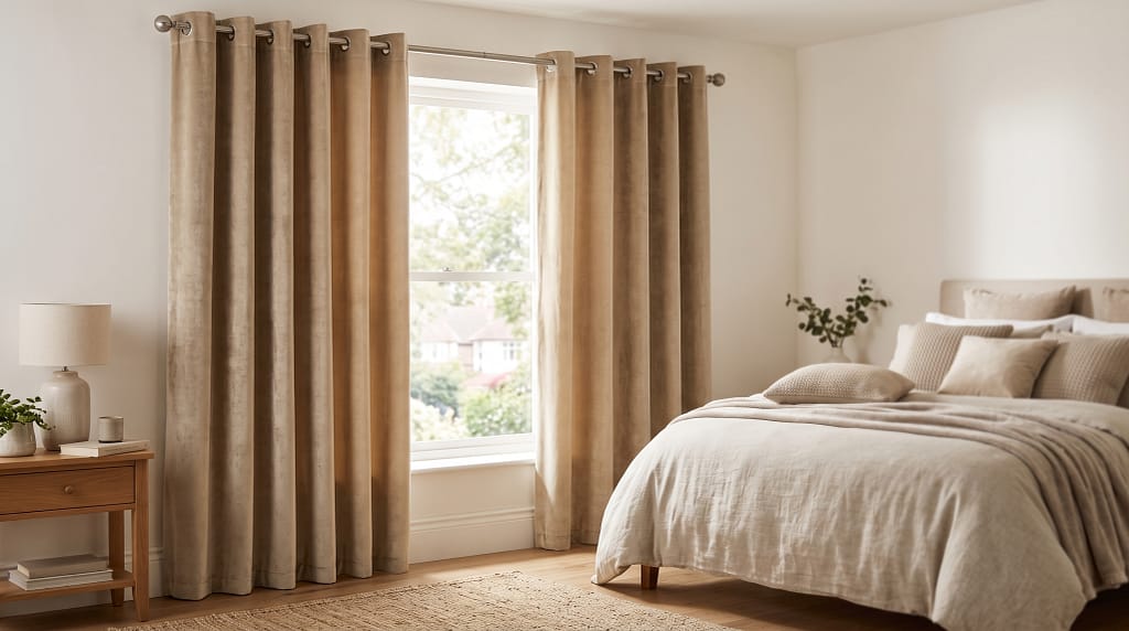 Dunelm velvet eyelet curtains in warm oyster cream hanging in a bedroom - rich fabric texture visible