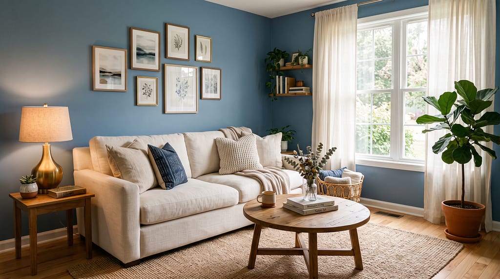Dusty blue living room walls with cream linen sofa, warm oak coffee table, brass table lamp, jute rug and sheer ivory curtains filtering soft natural light