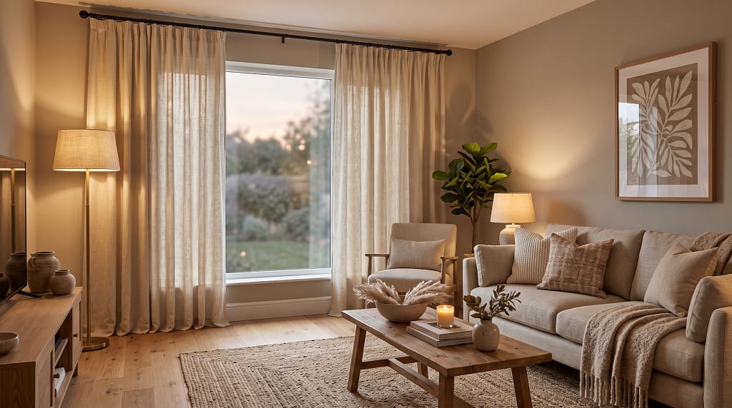 Floor-to-ceiling linen-look curtains in warm cream in a styled neutral living room - warm ambient lighting and a neutral sofa