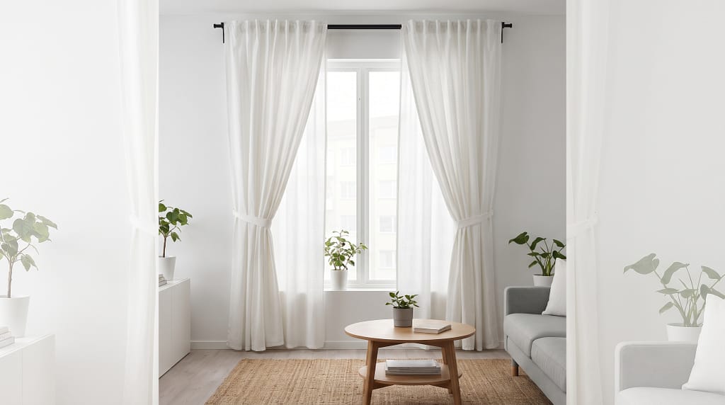 IKEA RITVA white curtains with tie-backs hanging floor-to-ceiling in a clean minimal living room