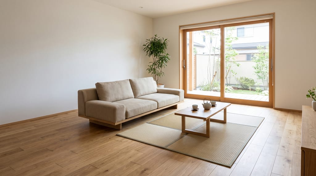 Japanese-style low profile sofa in a minimalist living room with natural wood floors and clean white walls