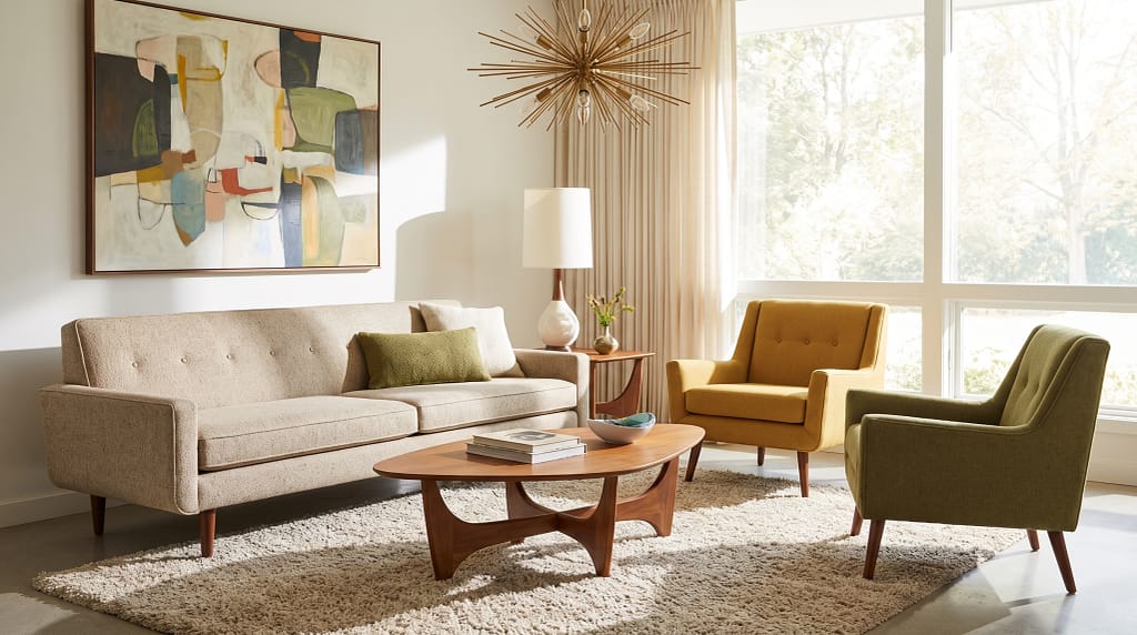 Mid-century modern living room - tapered walnut legs, clean lines, warm neutral upholstery and teak coffee table