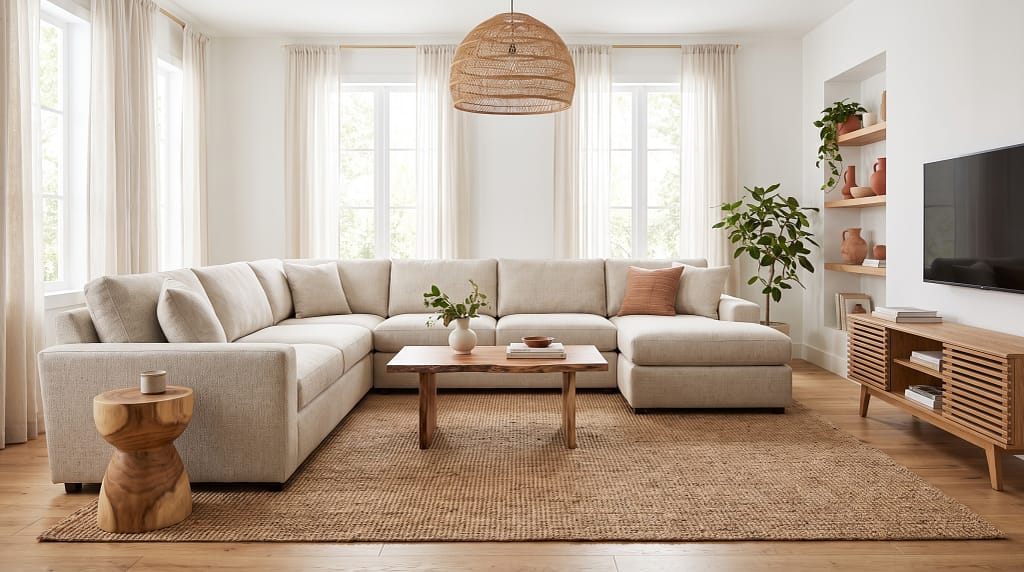 Modern sectional sofa in a bright living room with neutral tones and natural wood accessories