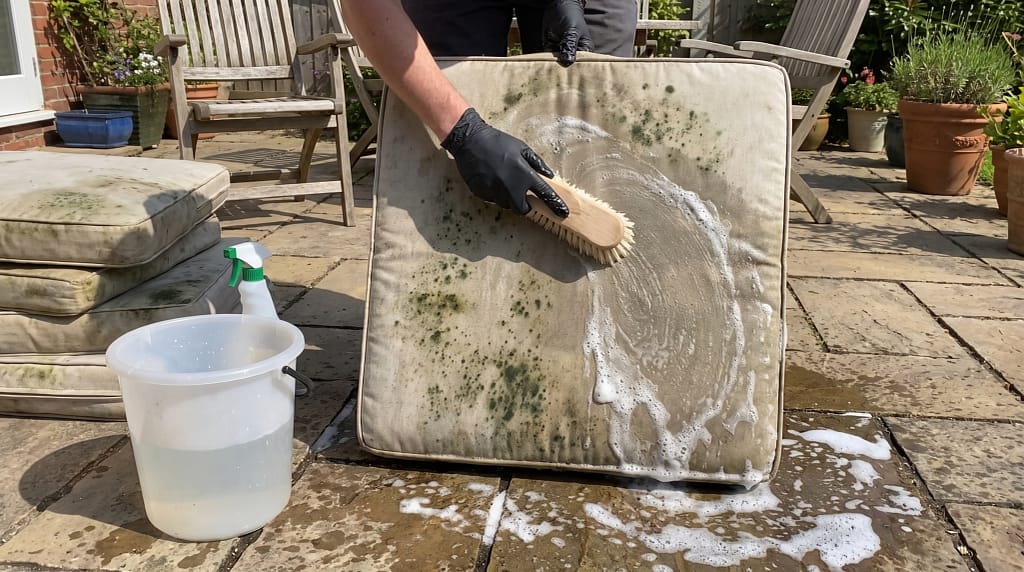 Outdoor cushions being scrubbed with a soft brush and soapy water on a garden patio, mold spots visible being treated