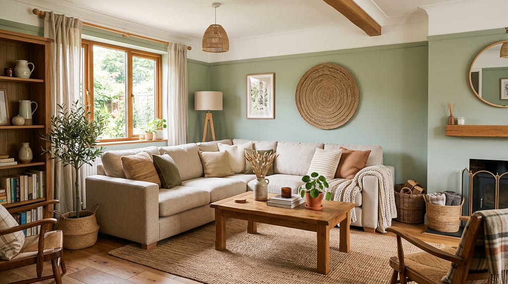 Sage green living room walls with warm wood tones, natural linen sofa and woven accessories