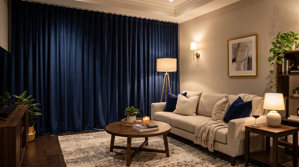 Styled living room with floor-to-ceiling blackout curtains in deep navy velvet, warm ambient lighting, neutral sofa