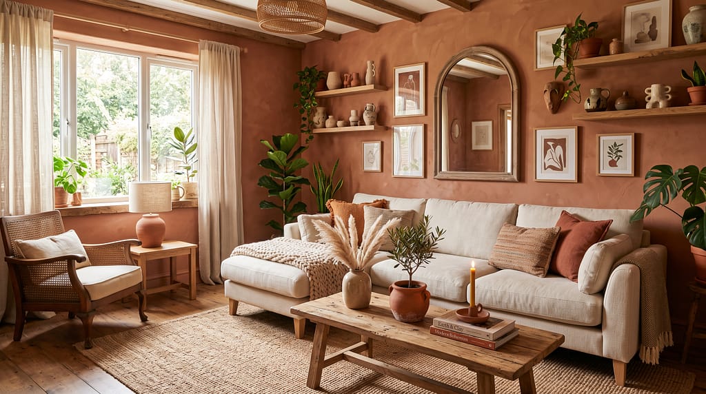 Terracotta and clay living room with warm walls, cream sofa, natural wood accents