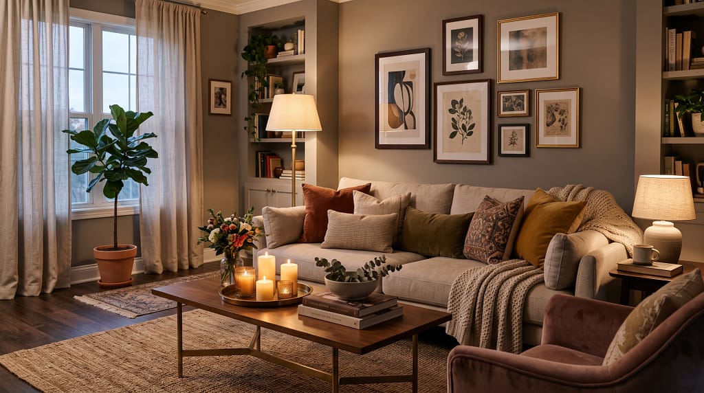 Beautifully styled living room with layered cushions, candles, and warm lighting - looks expensive, costs very little