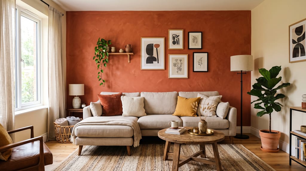 Living room with a single terracotta feature wall behind a neutral sofa - warm, intentional, dramatically different from the white equivalent