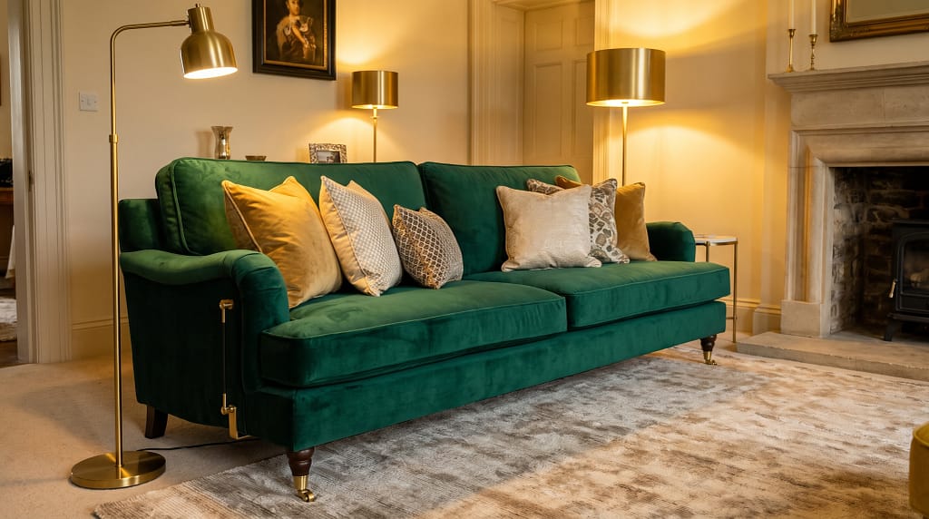 Luxurious emerald green velvet sofa in a warm neutral living room - brass accents, warm lighting, layered cushions