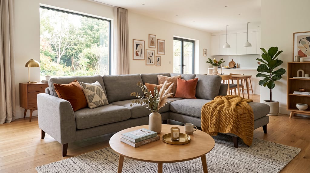 Modern L-shaped sectional sofa in a bright open-plan living room - grey fabric, clean lines, styled with warm accessories