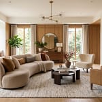 Curved sofa modern living room — warm neutral tones, floating placement