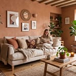 Warm earthy living room - terracotta walls, cream sofa, natural wood tones, layered textiles