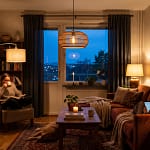 Warm layered living room lighting - floor lamp, table lamp and pendant all on together at dusk, cozy atmosphere
