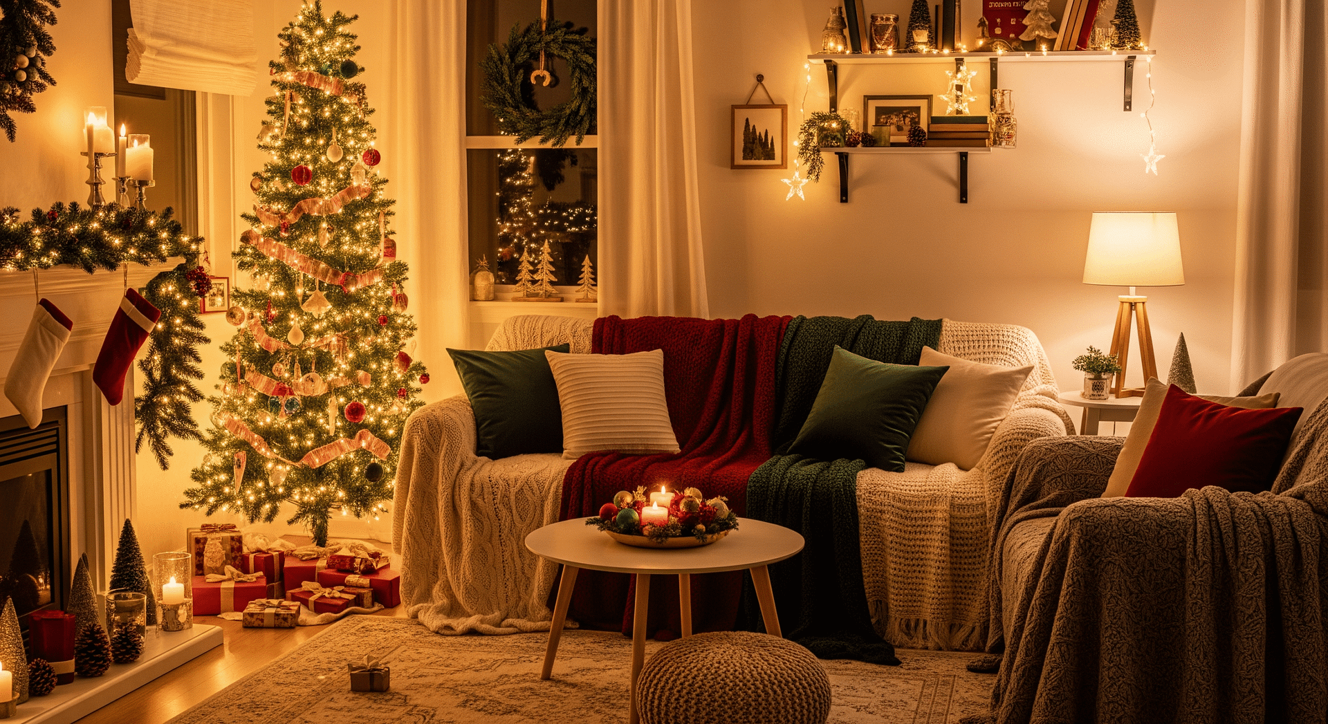 Small Christmas living room with slim tree and cozy decor
