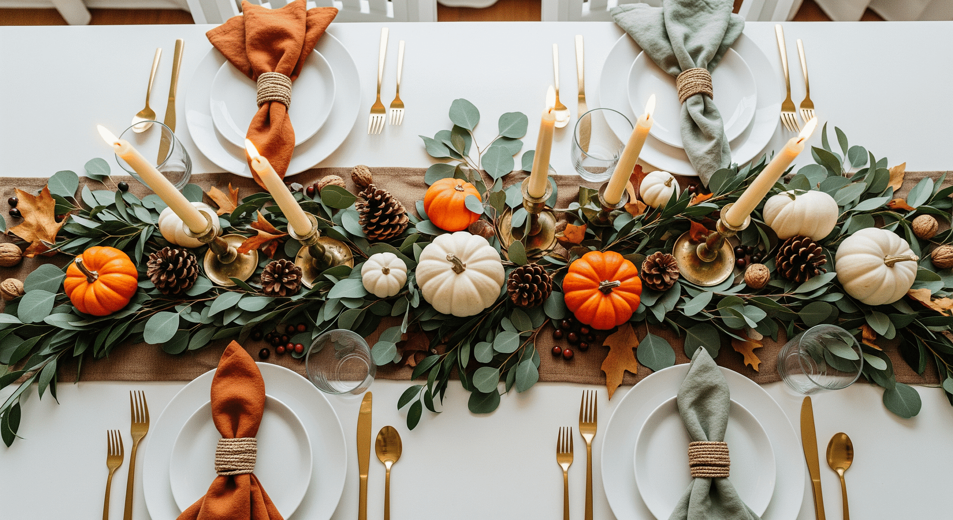 Overhead view of easy thanksgiving table setting with natural greenery runner, mini pumpkins, brass candles, and warm place settings