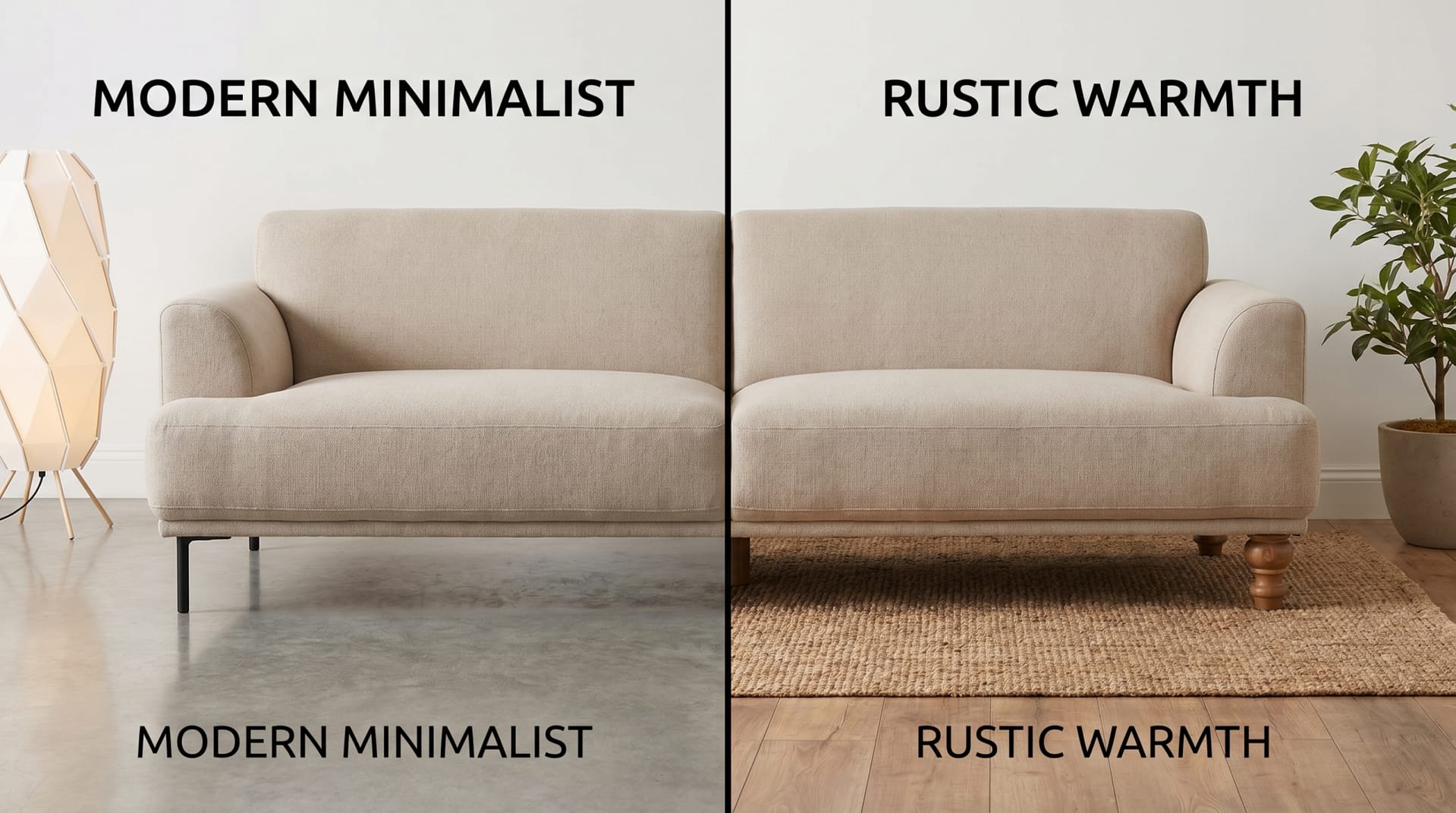Side-by-side comparison — same sofa silhouette, different leg styles, dramatically different feel