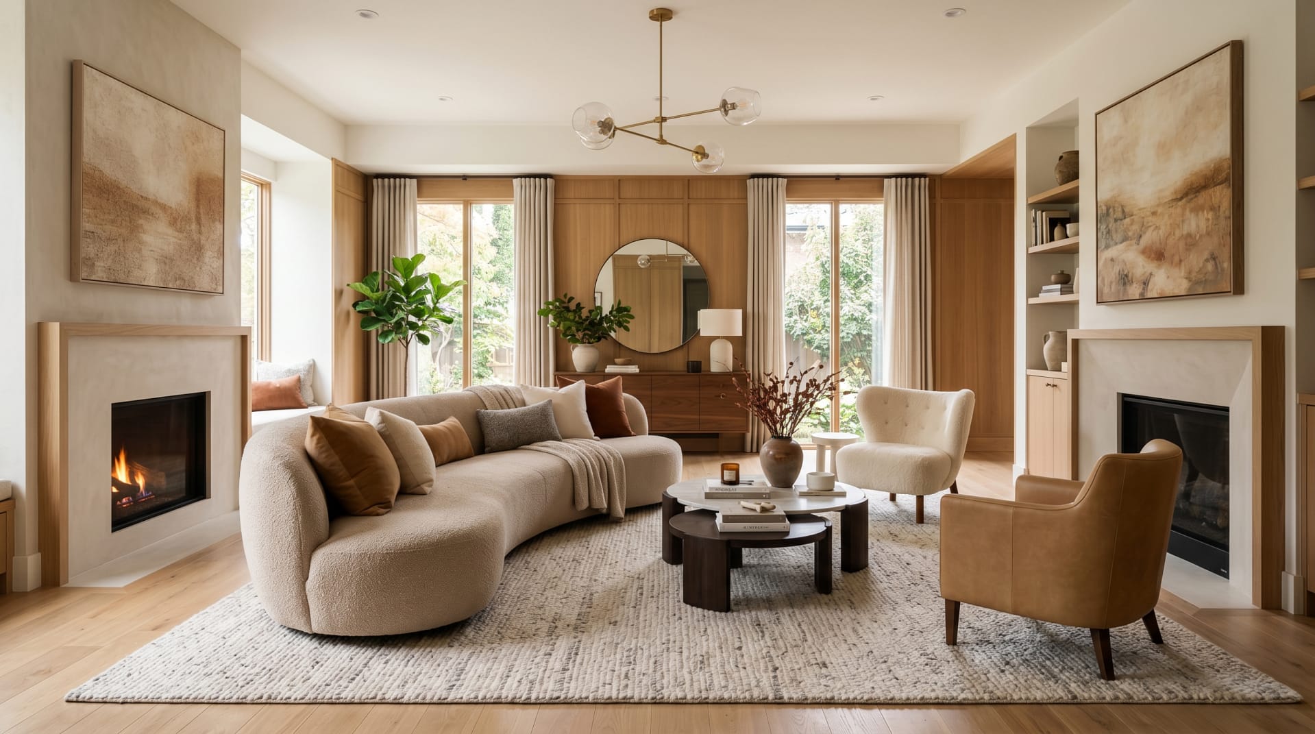Curved sofa modern living room — warm neutral tones, floating placement