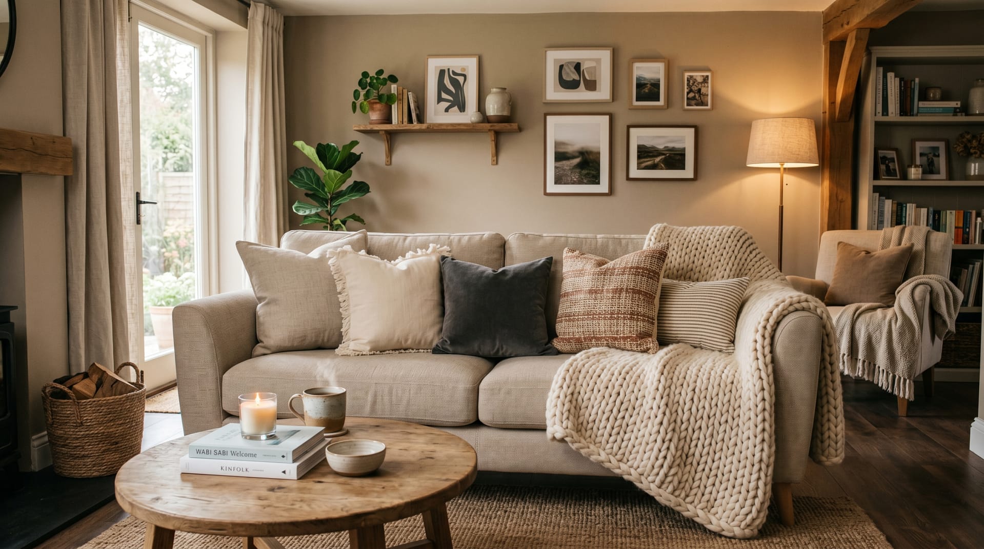 Beige neutral sofa layered with mixed-texture cushions and a chunky throw, warm living room