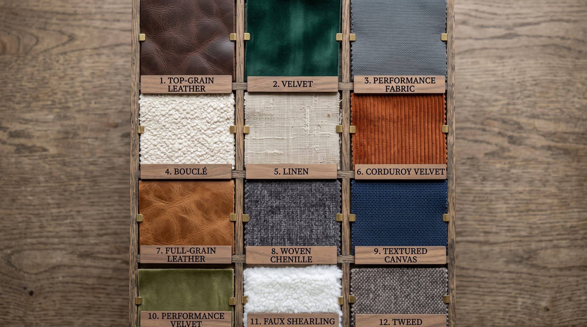 Close-up grid of sofa fabric swatches - leather, velvet, performance fabric, bouclé, linen